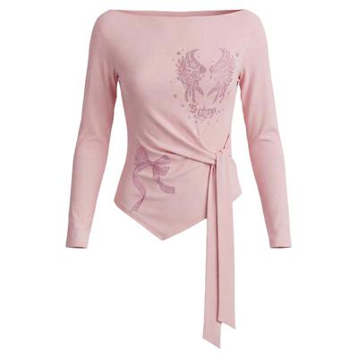 TCH粉色一字肩烫钻长袖T恤女绑带收腰不规则辣妹上衣T78A08E1021