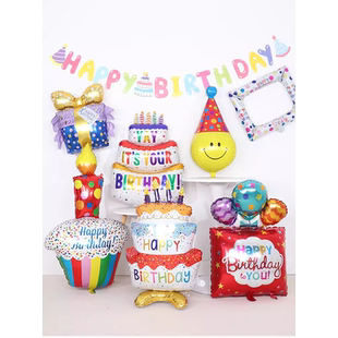 ins彩色大号生日蛋糕铝膜气球拍照道具儿童宝宝派对布置场景装饰