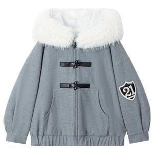 KEIKO大毛领灰色连帽棉服外套
