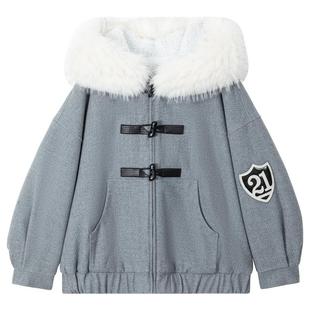 KEIKO [蓄热毛绒内里]大毛领灰色连帽棉服外套冬季美式复古小棉袄