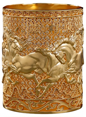 黄铜浮雕花丝镂空八骏马笔筒装饰摆件复古雕花工艺品高端收藏品