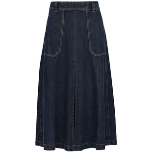 ONLY春季长款A字伞形前中对褶装饰口袋高腰纯棉半身裙女