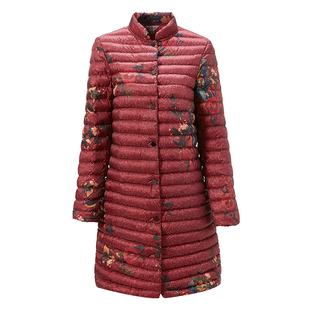 品牌女装印花立领加厚保暖白鸭绒妈妈羽绒服中长款冬装新款外套女