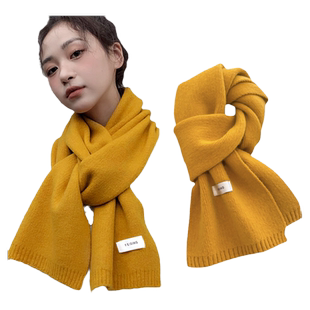 针织毛线围巾男女生秋冬季纯色明黄鹅黄姜黄色短小围脖厚软糯保暖
