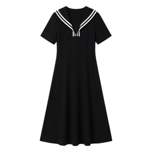 连衣裙女大码胖mm梨型身材海军领洋气宽松针织裙A字显瘦正肩长裙