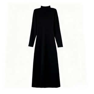秋冬长袖半高领长裙子A字裙显瘦宽松外穿打底极简风黑色连衣裙女
