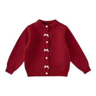 女童毛衣儿童红色新年冬装女宝宝针织外套秋冬洋气小女孩过年衣服