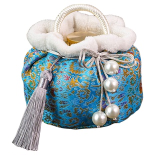 宫廷定制汤婆子古风暖手宝套绸缎锦缎暖手炉套水貂毛手工复古布套