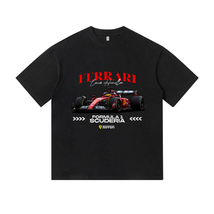 F1法拉利车队汉密尔顿纪念纯棉复古印花短袖T恤衫男装宽松上衣服