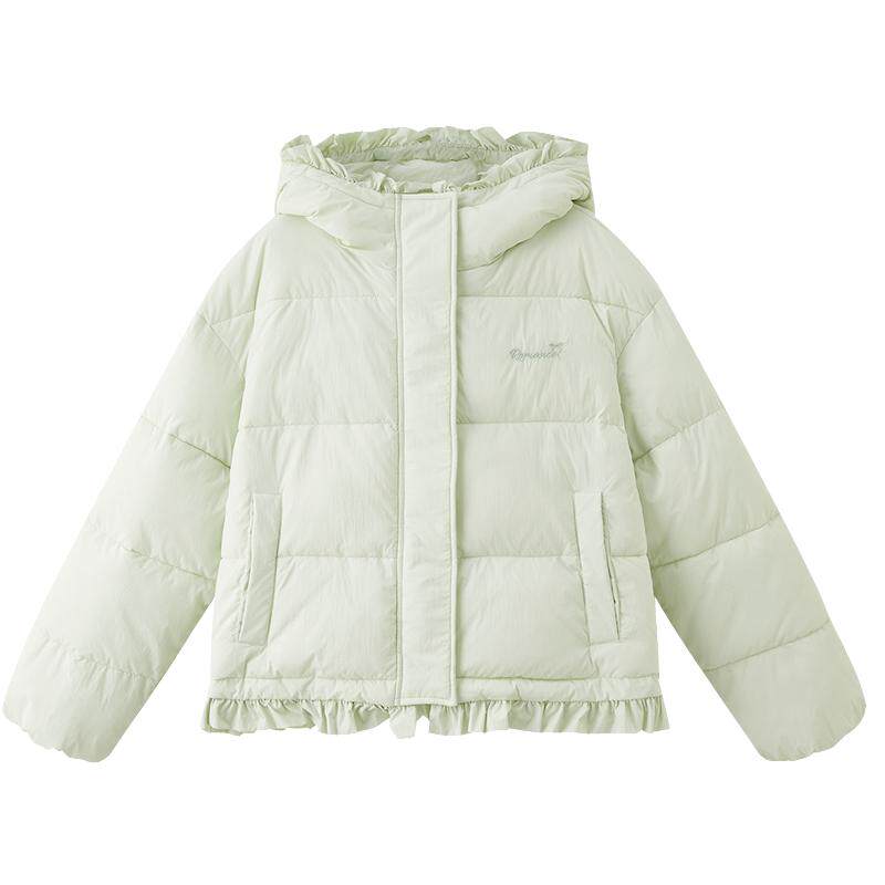 三福棉服棉衣女2025新款冬季花边连帽净色休闲棉袄外套女装511303