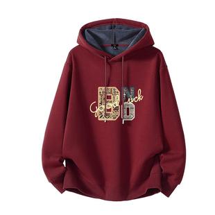 班尼路S&K酒红色连帽卫衣男款冬季加绒保暖套头上衣宽松厚外套男A