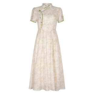 固执《竹影》夏季新款新中式立领泡泡短袖碎花a字中长连衣裙