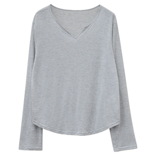 333sss老钱风浅灰色宽松v领打底衫长袖T恤女外穿上衣秋季新款