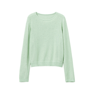 颜域长袖亮片天丝毛衫女2026春季新款浅绿休闲圆领宽松针织衫上衣