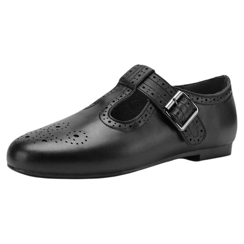 哈森英伦风布洛克雕花玛丽珍鞋女士T字扣带真皮黑色单鞋春秋新款