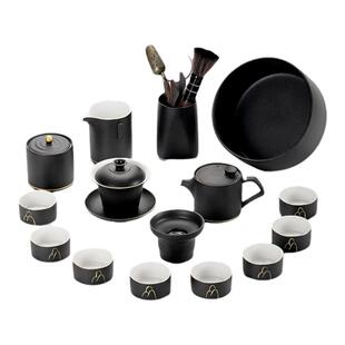 陶瓷功夫茶具套装简约高档办公黑陶描金侧把茶壶盖碗茶道杯洗茶盘