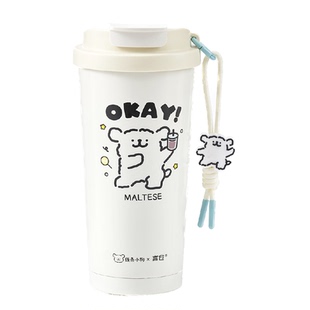 言仓线条小狗保温杯陶瓷涂层内胆便携冬季保温双饮水杯新年礼物