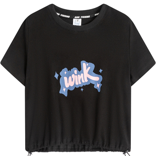 万有引力博物馆 印花短款短袖T恤女夏季2025新款宽松抽绳露腰上衣