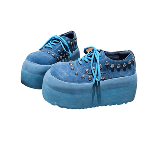 真皮版~豹纹系带铆钉厚底松糕超高跟小个子8cm勃肯鞋休闲面包鞋女