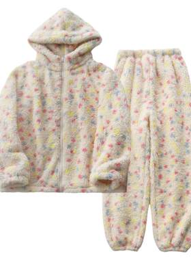 女羊羔绒连帽拉链秋冬家居服套装