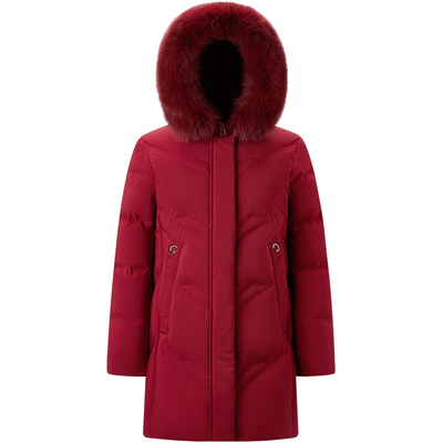 千仞岗冬季中长款连帽狐狸毛领中老年女羽绒服外套新红送妈妈款