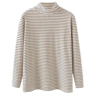 宛宛大码女装胖mm黑白条纹半高领长袖T恤秋冬德绒内搭打底衫上衣