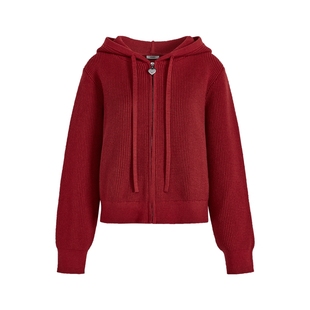 阔色红色开衫连帽毛衣穿搭外套女2025秋冬季新款蓝色针织衫短款