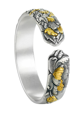 足银999錾刻窗花牡丹手镯