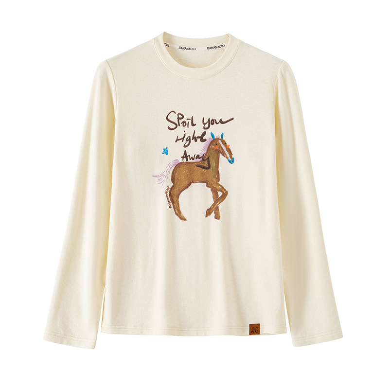 BANANA CICI2026年春季新款原创艺术手绘新年小马印花针织衫T恤