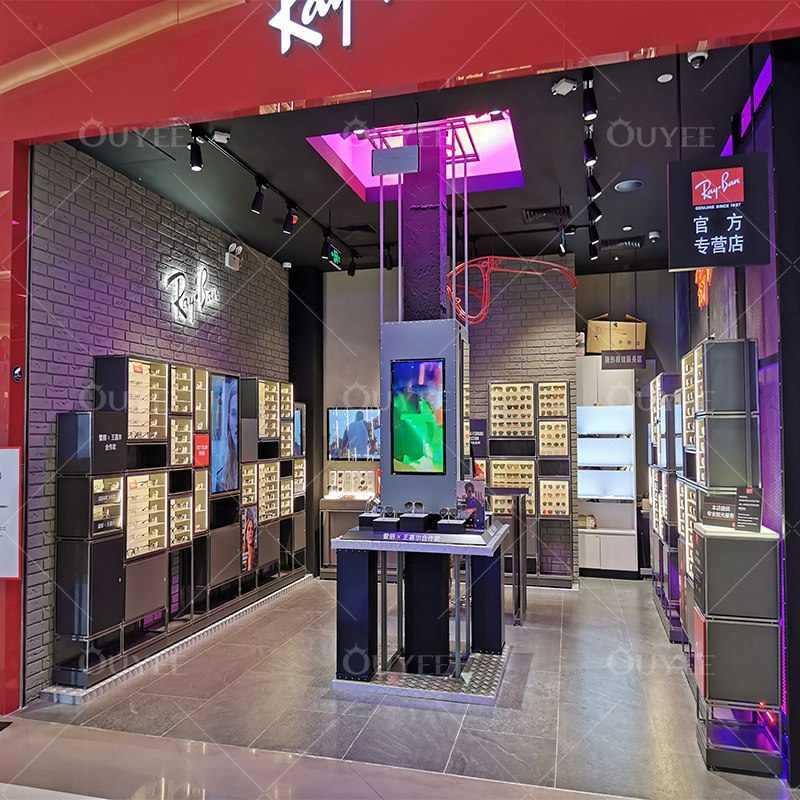 店铺装修眼镜展示柜货架 创意铁艺烤漆眼镜柜多层玻璃展架带LED灯