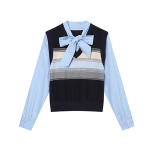 白鹿语时尚蓝色假两件针织衫2025春季新款休闲毛织长袖上衣女