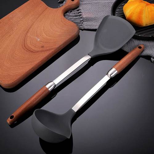 厂家直销硅胶锅铲耐高温硅胶汤勺手柄厨具烫木质炒304铲不锈钢防