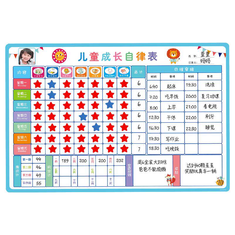 儿童成长自律表小学生幼儿园好习惯养成表生活记录表自律学习打卡表奖罚小红花积分表磁性墙贴奖励作业每日