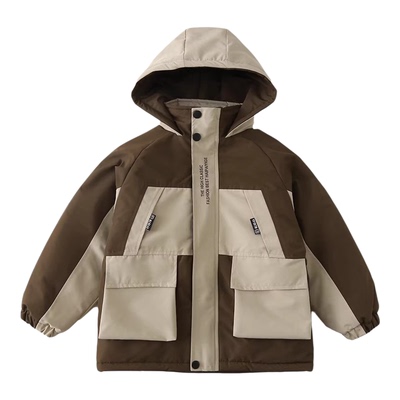 男童加绒外套秋冬款连帽保暖棉服