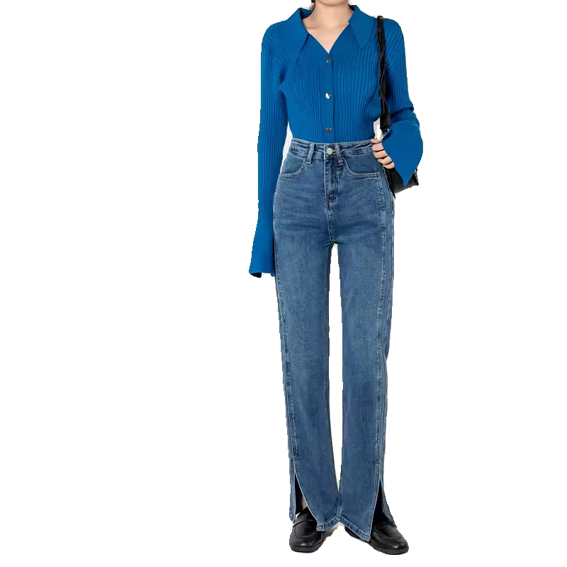 怡佳魅開叉牛仔褲女2025春季新款直筒寬松顯瘦高腰顯瘦百搭闊腿褲