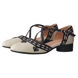 奈里复古国风如意纹黑白拼色镂空交叉带粗跟单鞋包头中空旗袍凉鞋