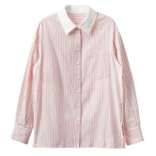 粉色条纹衬衫女秋款复古设计感小众宽松百搭纯色上衣长袖衬衣通勤