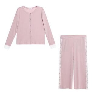 爱慕蕾丝贴贴秋冬睡衣女含棉质圆领开衫长袖分身家居套装AM46C271