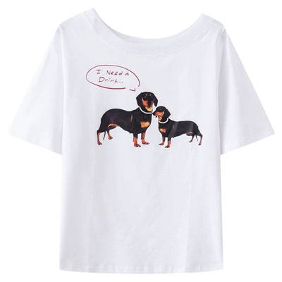 BM白色斜角露肩宽松小狗T恤