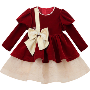 女童加绒连衣裙冬装2025新款儿童丝绒公主裙小女孩法式圣诞礼服裙