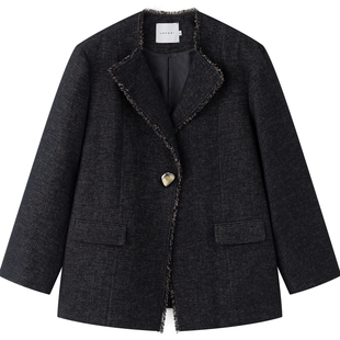 洛边 富家千金 原创设计师款毛边小香风西装服外套宽松中长款上衣