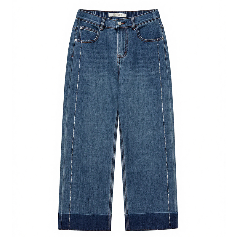 DM100大码百分百女装微胖mm秋季时尚百搭显瘦线条卷边阔腿牛仔裤