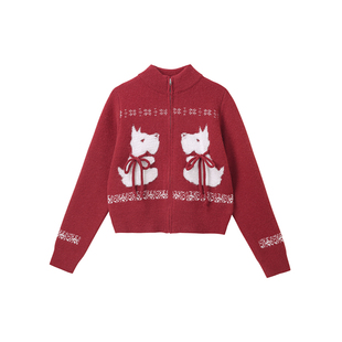 PCMY情侣款提花毛衣外套跨年穿搭开衫拉链酒红色2026新年过年衣服