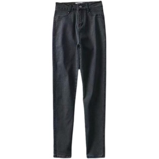 显瘦烟灰色高弹力紧身牛仔裤女秋冬加绒高腰小脚裤修身紧身裤裤子