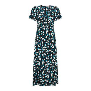 DVF度假V领茶歇裙绿白钢琴剪影图案荷叶袖短袖连衣裙DS4S024