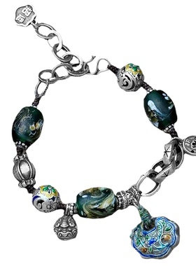 如意锁纯银手链复古吞金兽琉璃珠