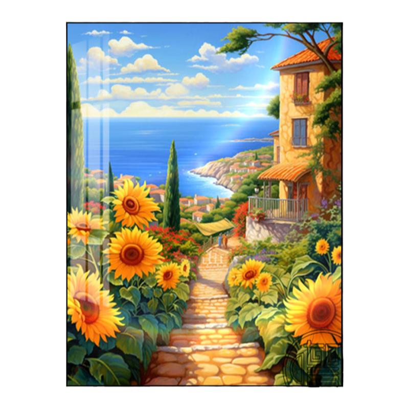 钻石画满钻海边风景小镇向日葵