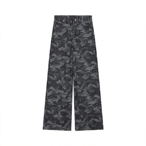 特大码女装复古迷彩色加绒牛仔裤女秋冬胖mm女裤保暖加厚阔腿裤子