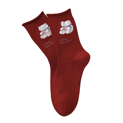 本命年袜子可爱卡通红色中筒棉袜