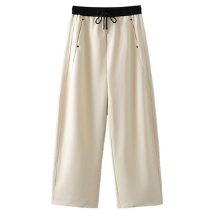 高腰显瘦阔腿弯刀裤女2025春秋大码百搭时尚撞色抽绳镰刀休闲卫裤